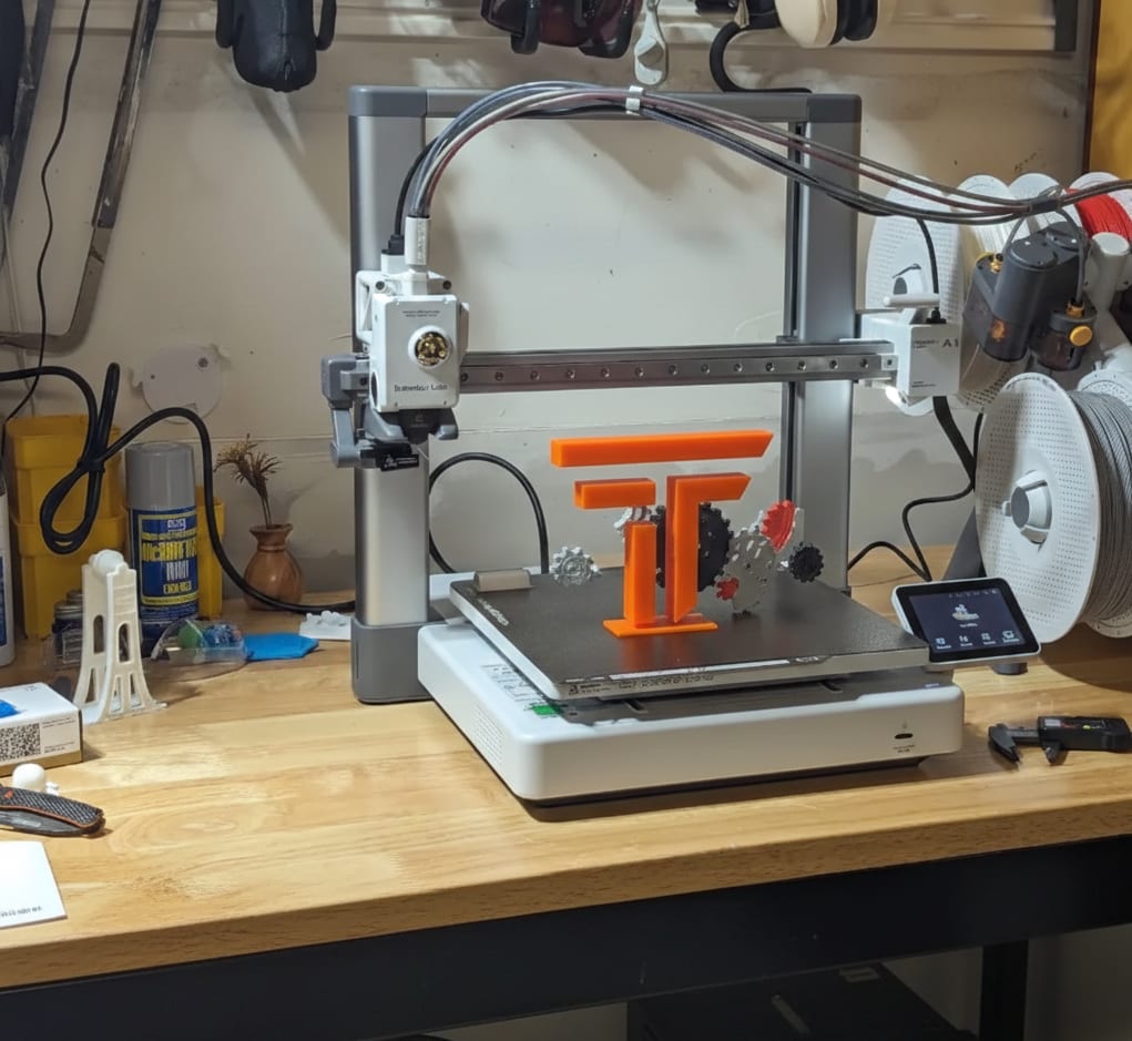 Impresora Bambu Lab A1 con AMS Lite y objetos impresos en 3D sobre escritorio de madera